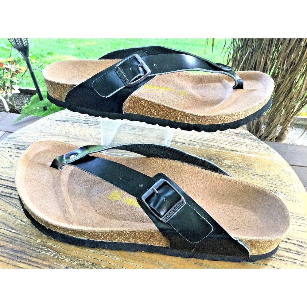 Birkenstock 39 Women 8-8.5 Adria Black Leather Thong Sandals Mens 6-6.5